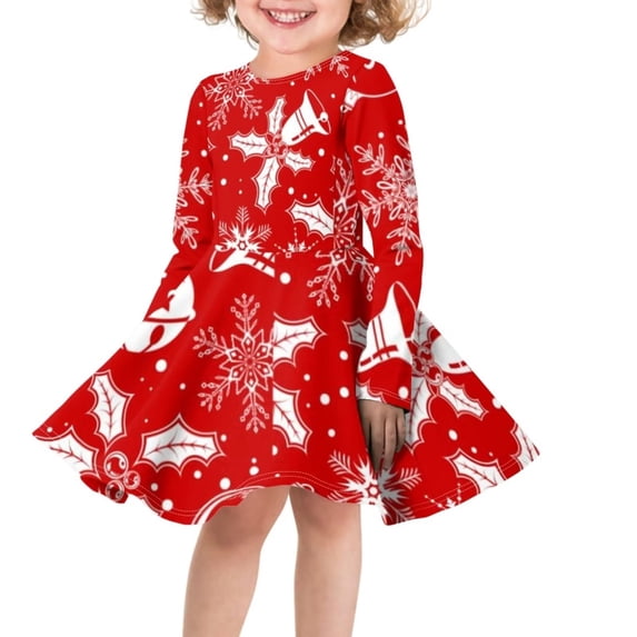 FKELYI Xmas Snowflake Long Sleeve Dresses Comfortable Christmas Bell Girls Skater Dress Lightweight Kids Girls Long Sleeve Dress Fall Aged 7-8 Years