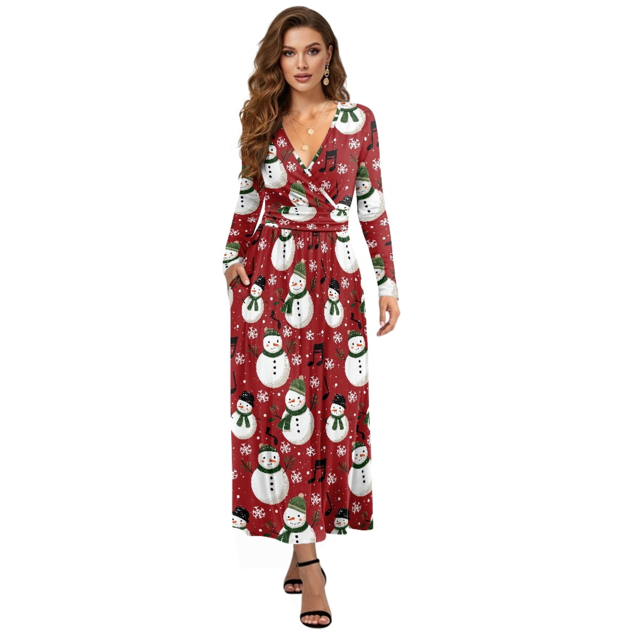FKELYI Xmas Snowmna Snowflake Print Womens Long Sleeve Fall Dress V — free download