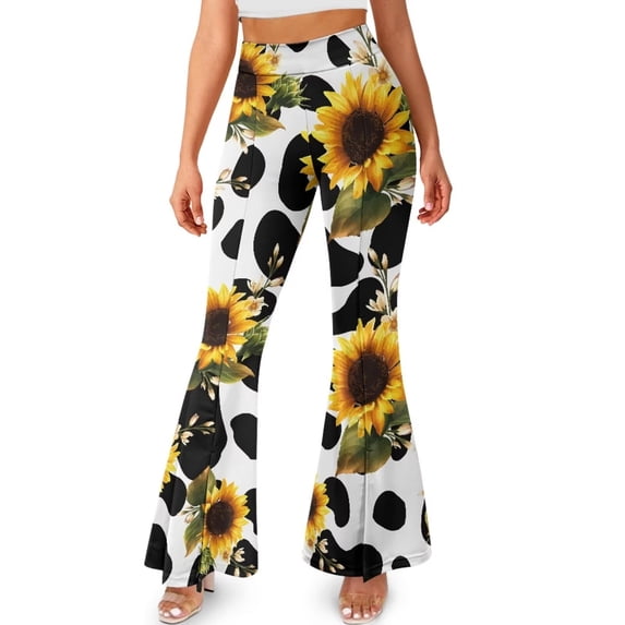 FKELYI Yoga Pants Bell Bottom Leggings Pants for Women Girls Cow Sunflower Print Flare Leggings Wide Leg Tummy Control Sweatpants Athletic Leggings for Workout Travel, L