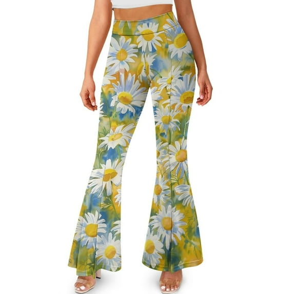 FKELYI Yoga Pants Bell Bottom Leggings Pants for Women Girls Retro Daisy Flower Print Flare Leggings Wide Leg Athletic Leggings Tummy Control Sweatpants for Gym Home Workout, S