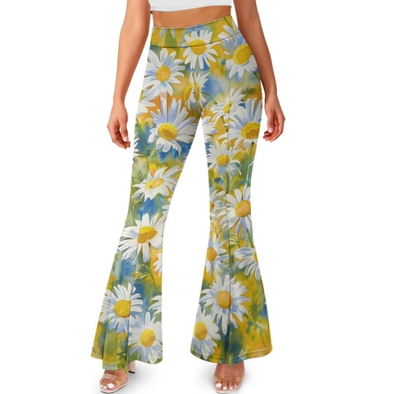 FKELYI Yoga Pants Bell Bottom Leggings Pants for Women Girls Retro Daisy Flower Print Flare Leggings Wide Leg Athletic Leggings Tummy Control Sweatpants for Gym Home Workout, XL