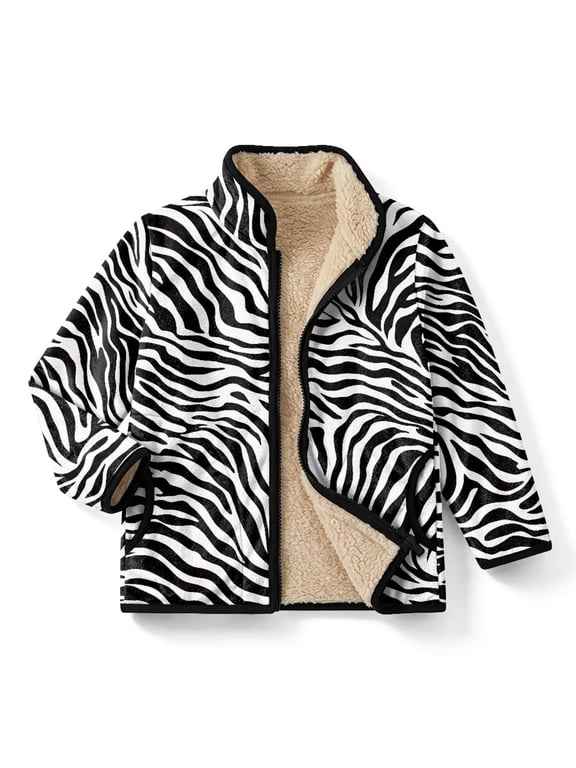 Zebra Print Boys Girls Fleece Jacket, 6Y, Windproof Stand-Up Collar, Full Zip, Lightweight Autumn Winter Outerwear Coat, Faux Sherpa Lined Layering for Toddler Child