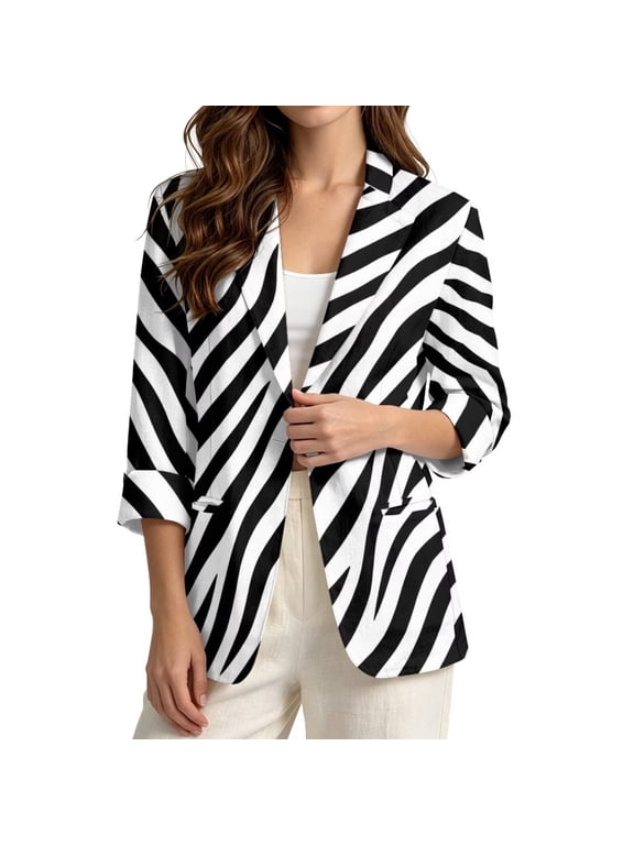 Zebra Print Women's Faux Linen Blazer 3/4 Sleeve Lightweight Work Jacket with Pockets Spring Summer Cardigan Coat for Business Banquet, L