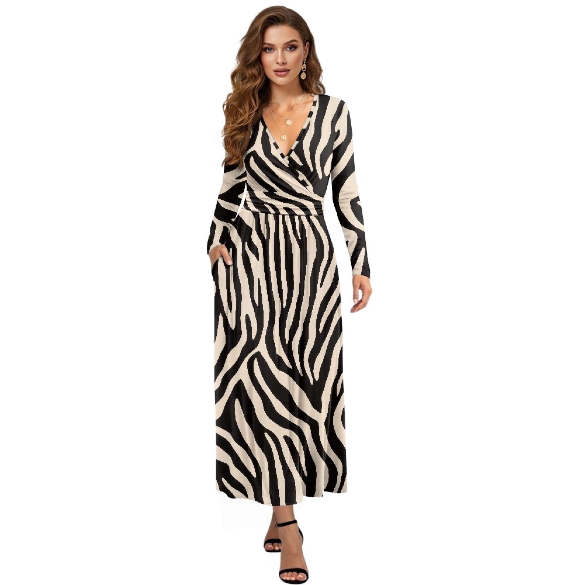 Fkelyi Zebra Print Womens Long Sleeve Fall Dress V Neck Maxi Casual Dress with Pockets Soft A-Line Flowy Tiered Waist Dresses for Ladies, M, Women's,