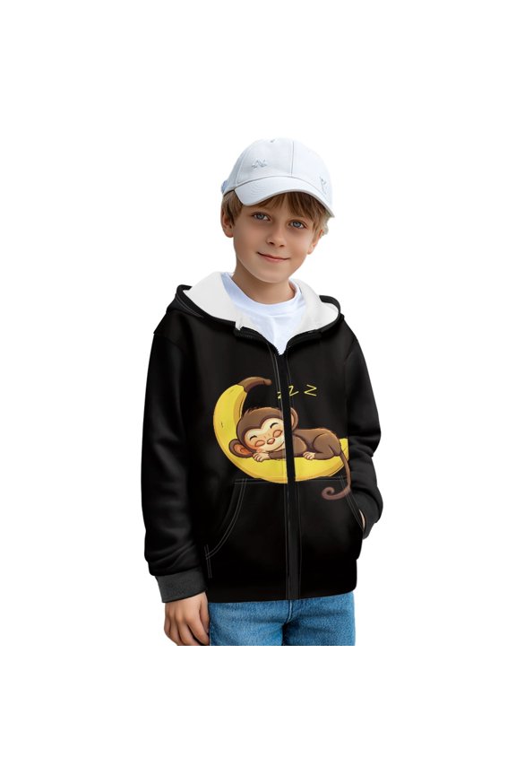 Zip-Up Hoodies with Pockets Fall Winter Jackets Boys Girls Hooded Sweatshirt Black Banana Monkey Moon Print Athletic Top Hoodie for School Home, M