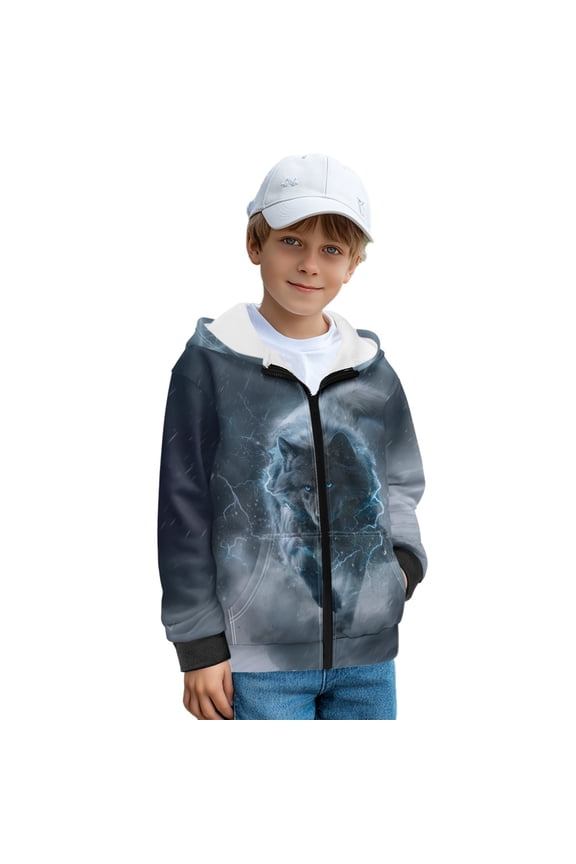 Zipper Front Hoodies for Boys Long Sleeve Sweatshirt Grey Lightning Running Wolf Print Kids Fleece Jacket with Pockets Fall Top Winter Clothes, M