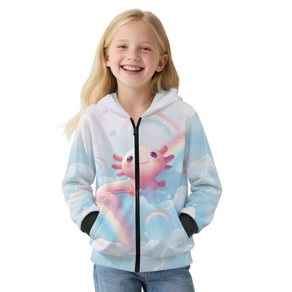 FKELYI Zipper Front Hoodies Girls Long Sleeve Sweatshirt Kids Fleece Jacket with Pockets Rainbow Axolotl Print Fall Top Winter Clothes, L