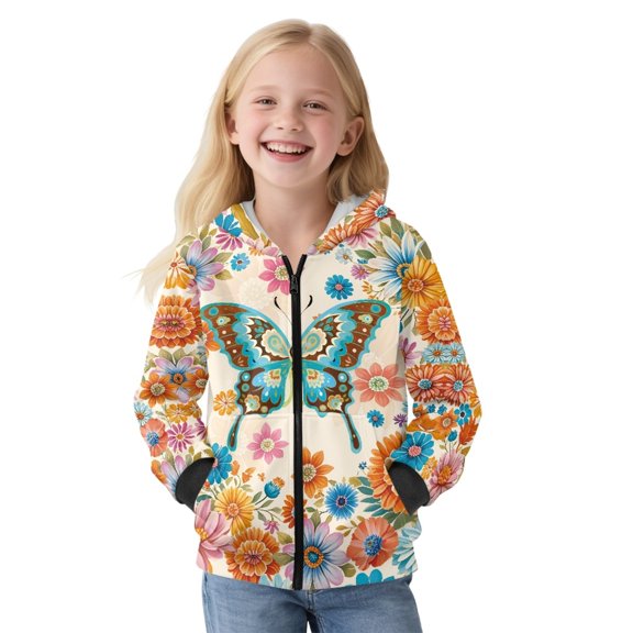 FKELYI Zipper Front Hoodies for Kids Long Sleeve Sweatshirt Girls Fleece Jacket with Pockets Bohemian Floral Butterfly Print Fall Top Winter Clothes, S
