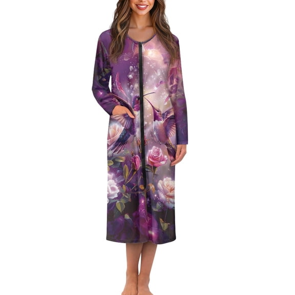 FKELYI Zipper Front Robe Nightgowns with Pockets Hummingbird Rose Flower Print Sleepwear Housecoat Comfy Fall Winter Sleepwear Dress Long Sleeve Loungewear Bathrobe, 3XL