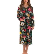 FKELYI Zipper Front Robes Women Long Sleeve Nightgowns Retro Msuhroom Daisy Flower Print Sleepwear Dress Comfy Full Length Nightwear Dress Crew Neck Loungewear Housecoats, 2XL