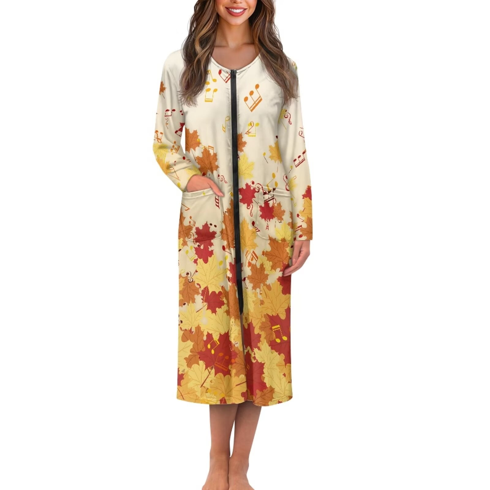 FKELYI Zipper Front Robes Women Nightgowns Long Sleeve Sleepwear Dress ...