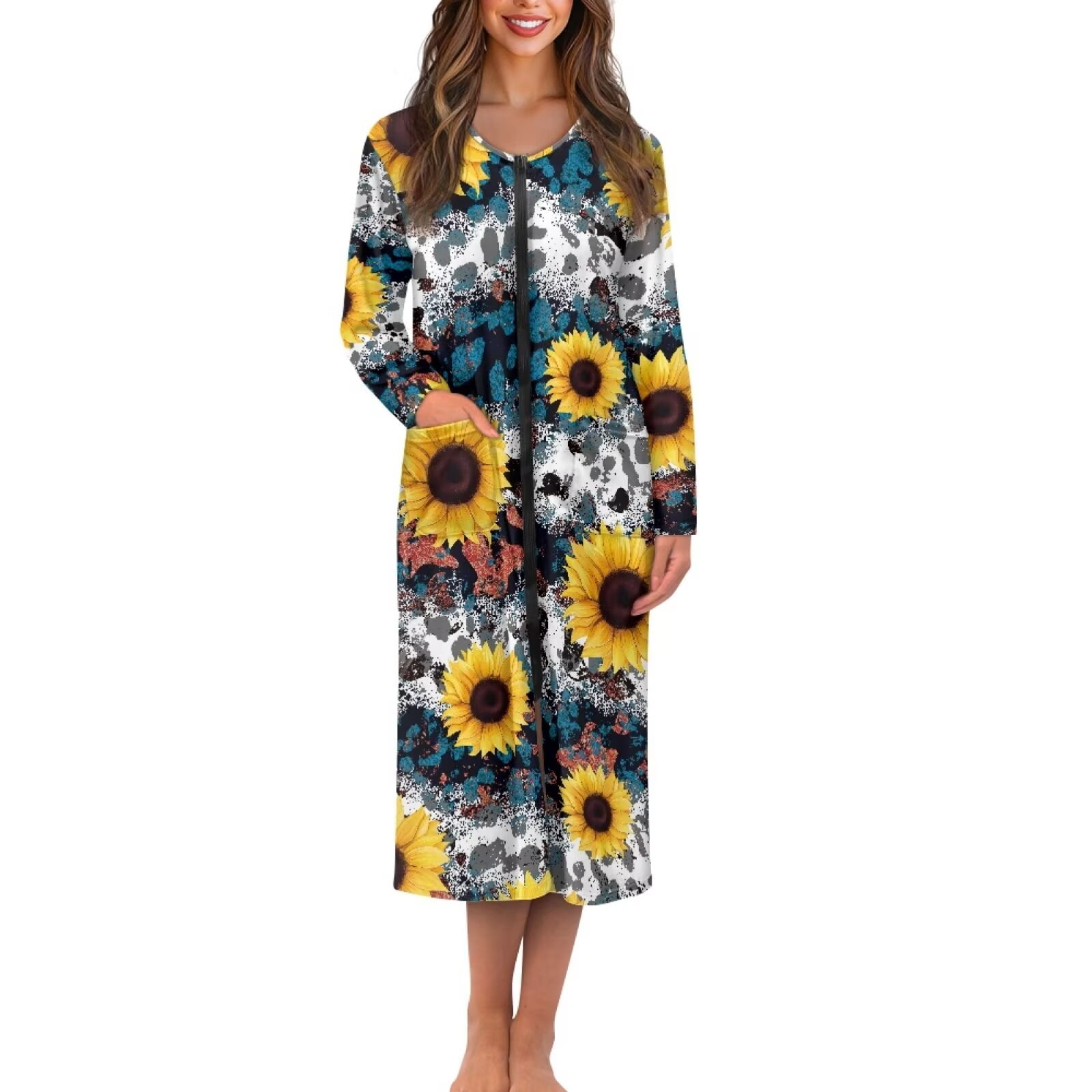 FKELYI Zipper Front Robes for Women Nightgowns Vintage Sunflower ...