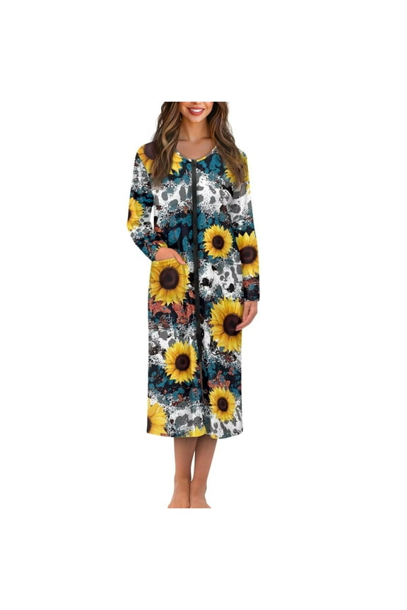 Zipper Front Robes for Women Nightgowns Vintage Sunflower Leopard Print Comfy Nightwear Dress with 2 Pockets Fall Winter Zippered Housecoat Long Sleeve Bathrobes, 4XL