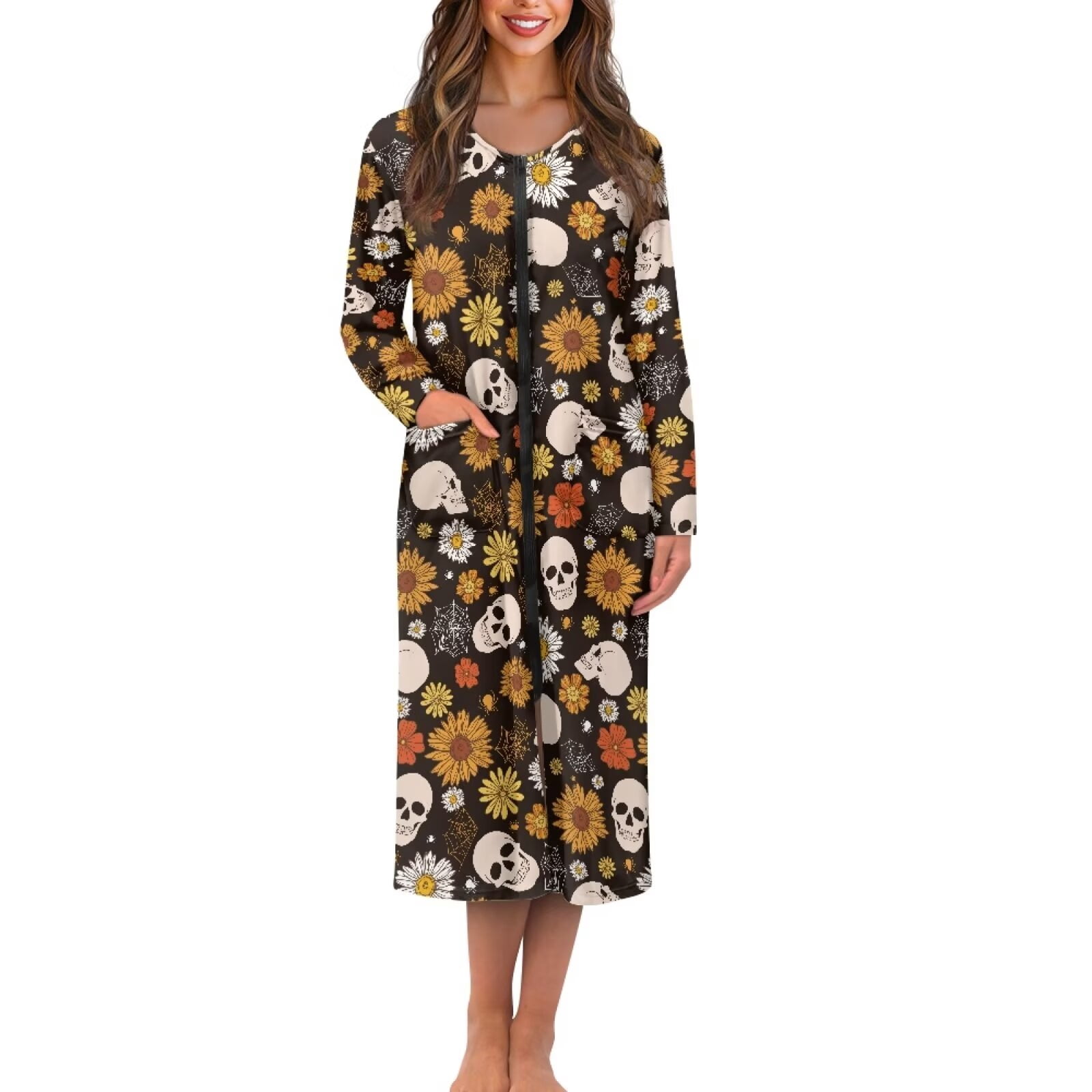 Skull Robe FKELYI Zipper Front Robes for Women Vintage Skull Daisy Flower Print ...