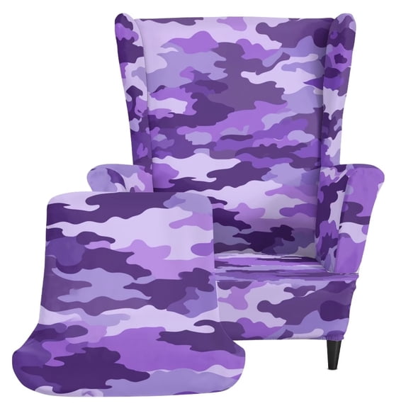 FKEYI Camo Purple Print Wingback Chair Slipcover 2 Piece Wing Back Armchair Protector Cover Non-Slip Home Decor for Furniture Washable Cover with Elastic Bottom