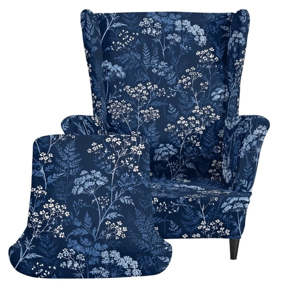 FKEYI Stretch Fit Wingback Armchair Slipcover with Individual Cushion Cover Non-Slip Furniture Protector for Living Room Retro Blue Floral Leaf Print Single-Seater Sofa Decor