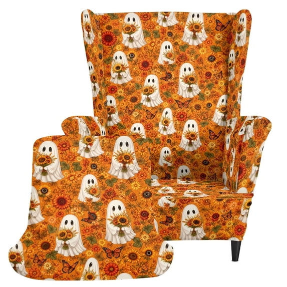 FKEYI Wingback Armchair Slipcover 2-Piece Sofa Cover with Elastic Bottom Sunflower Halloween Ghost Print Non-Slip Anti-Dust Furniture Protector Cover for Living Room Home