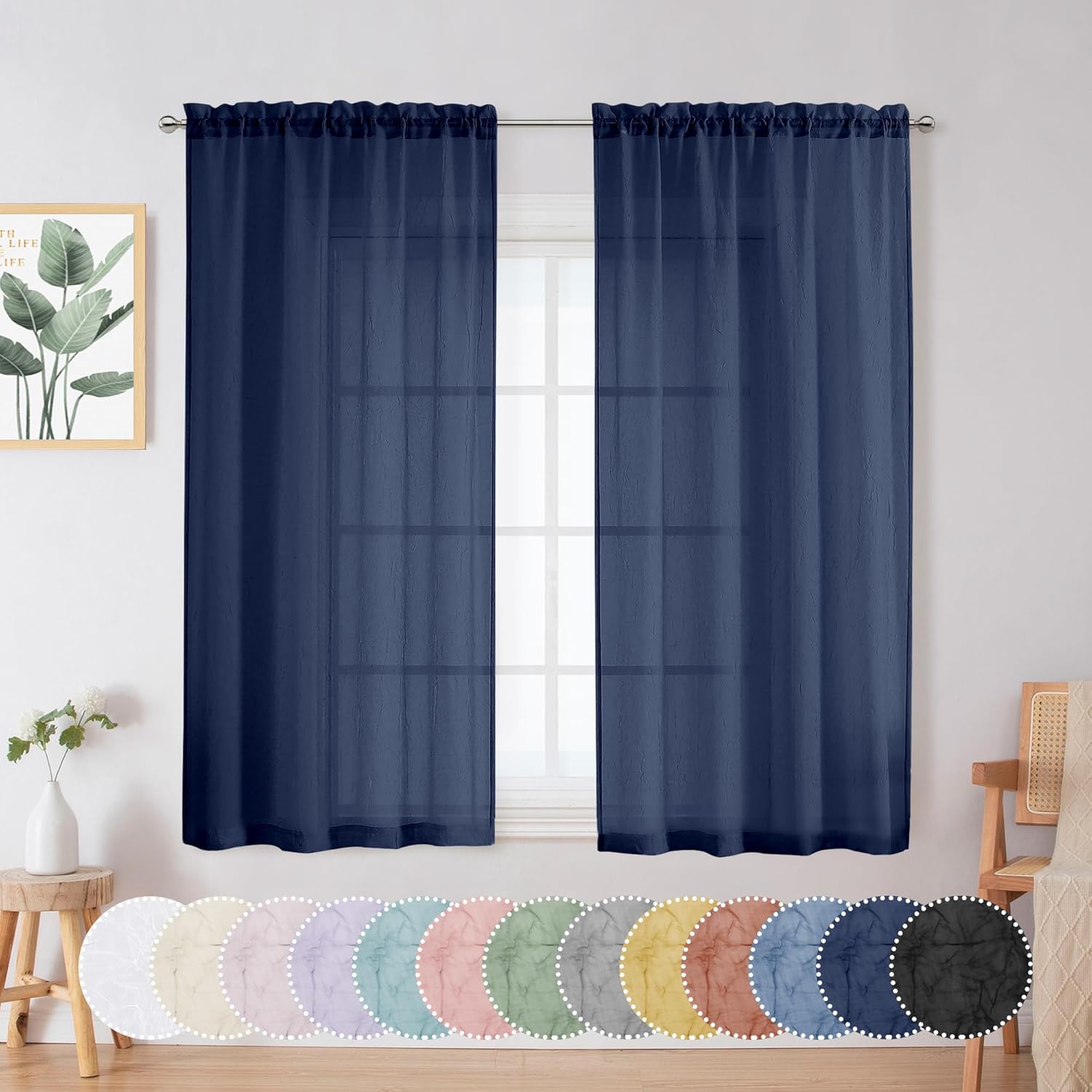 FKHDGF-Crushed Sheer Navy Blue Curtains 54 Inch Length 2 Panels, Light ...