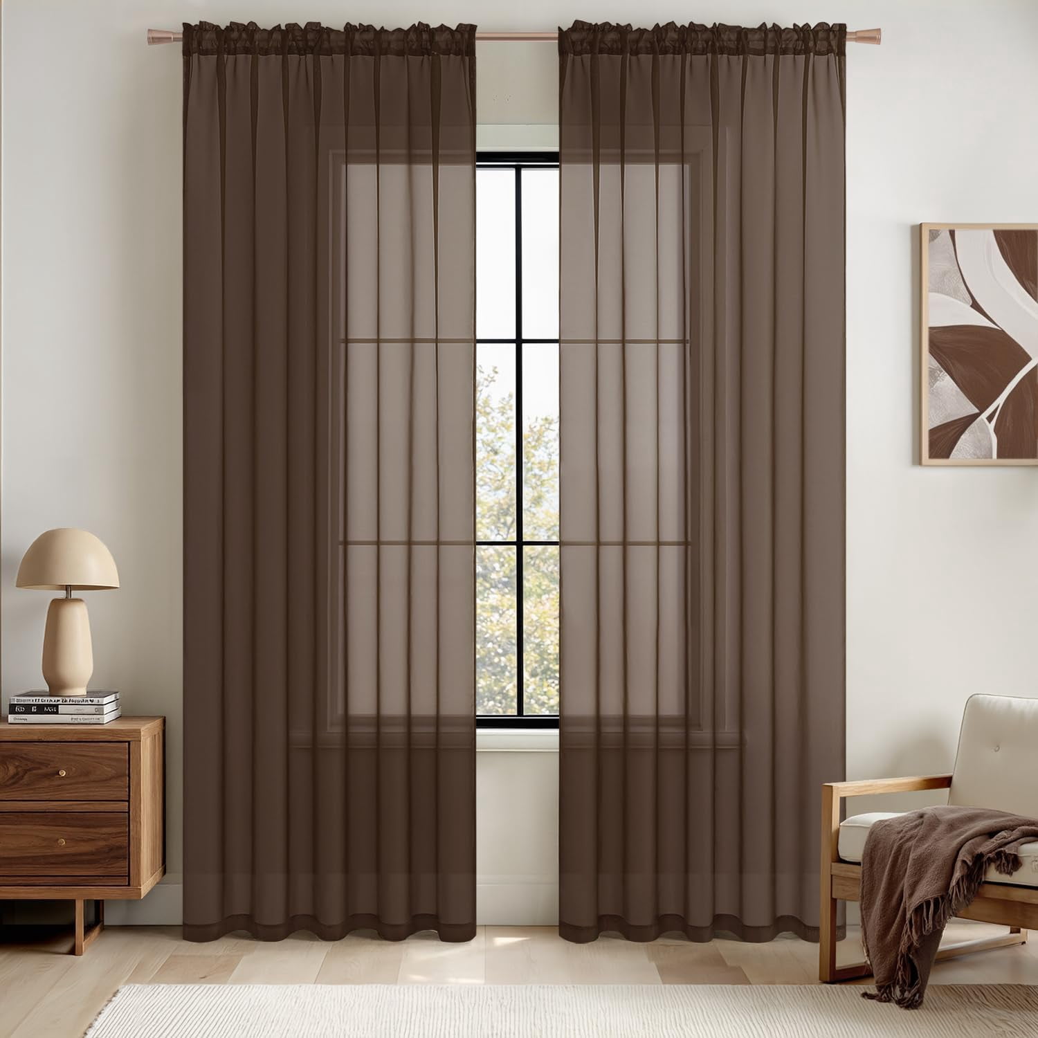 FKHDGF-Short Chocolate Brown Sheer Curtains 54 Inches Long, Light