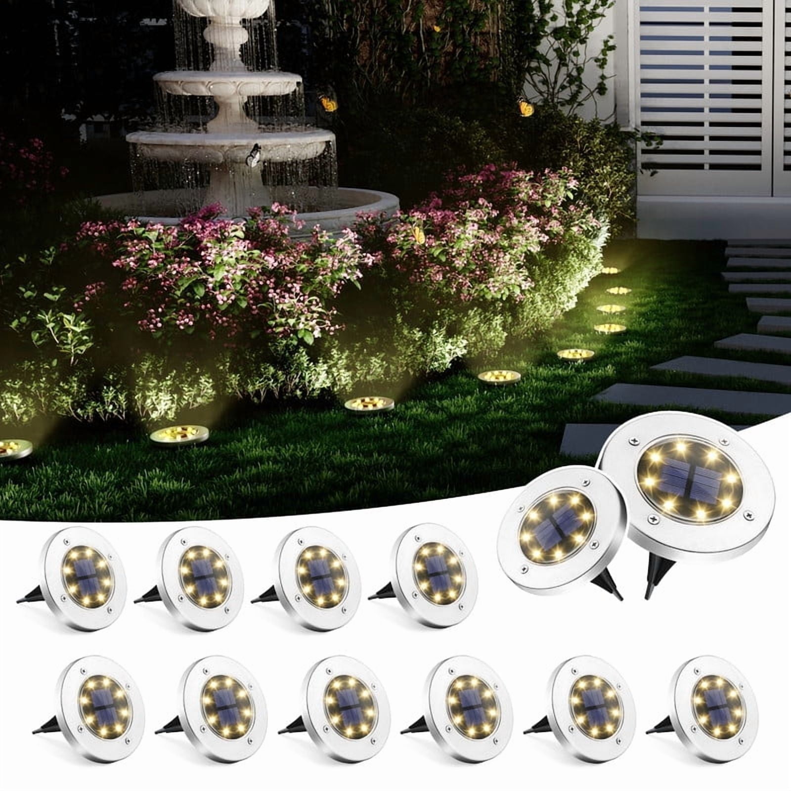 FKHouse 12 Pack Solar Ground Lights Outdoor, 8 LED Waterproof Landscape Lights for Pathway, Yard, Lawn, Patio and Walkway（Warm White）
