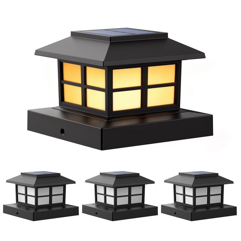 FKHouse 4 Pack Solar Warm White Post Cap Lights, 4x4 5x5 6x6 Fence Deck Post Lights Outdoor, Waterproof for Garden Patio Decor, Black