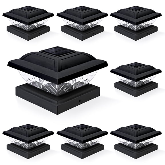 FKHouse Solar Powered LED Outdoor Post Cap Deck Lights, Black, Cold White, Waterproof, 8 Pack