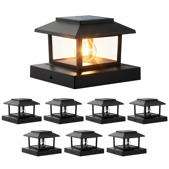 FKHouse Solar Post Cap Light Outdoor, 8 Pack with Tungsten Filament Bulb Deck Fence Cap Lights for 4x4 Wooden,Vinyl Posts, Warm White, Black