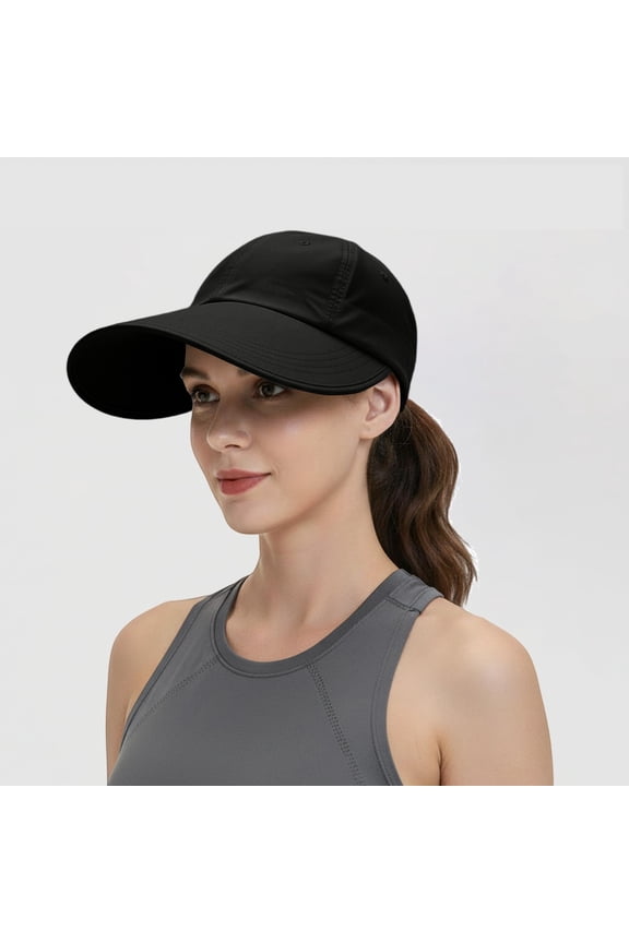 Unisex Retractable Brim Sun Visor Hat, Adjustable Wide Brim Ponytail Hat with Open Top, UPF 50+ UV Protection Quick Dry Cap for Running Hiking Golf Beach Black,One Size