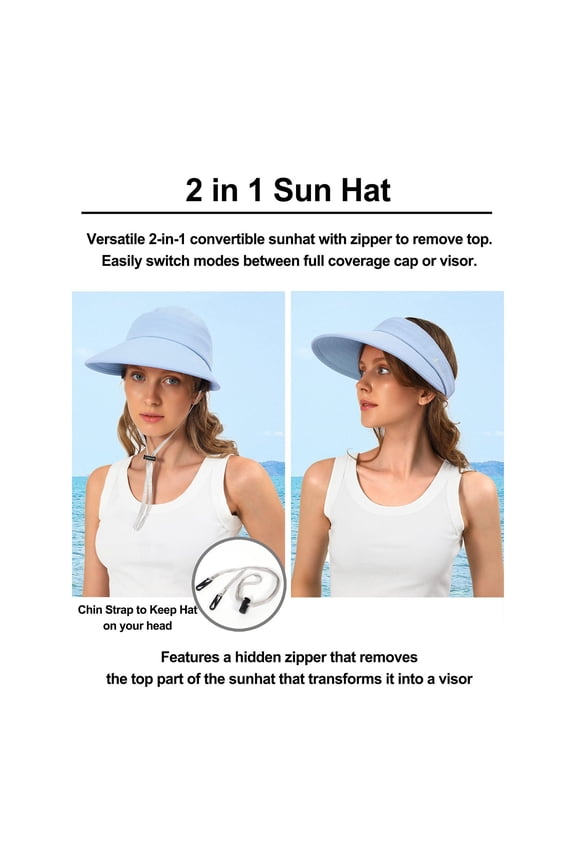 Women 2 in 1 Convertible Sun Hat Wide Brim Visor Hat Zip Off Removable Top Ponytail Cap Foldable Lightweight Beach Hat Outdoor Sun Hat Blue,One Size