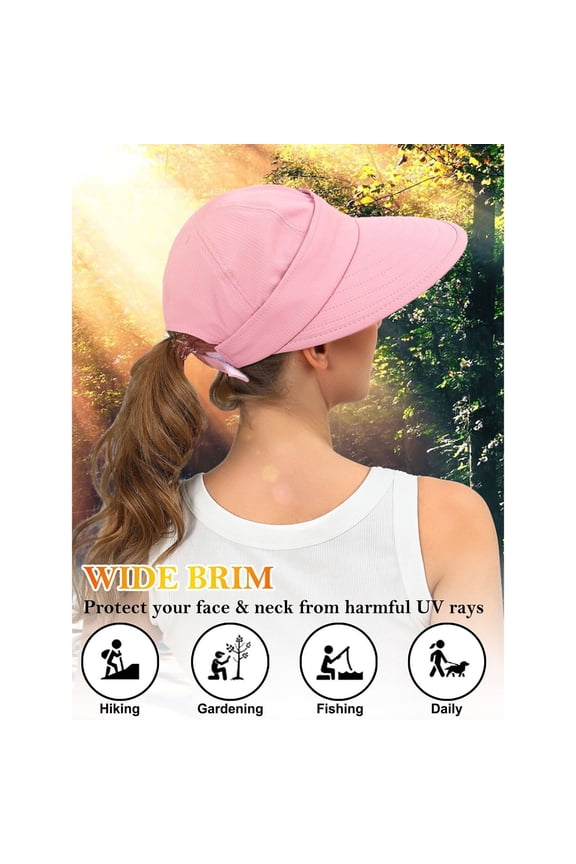 Women 2 in 1 Convertible Sun Hat Wide Brim Visor Hat Zip Off Removable Top Ponytail Cap Foldable Lightweight Beach Hat Outdoor Sun Hat Pink,One Size