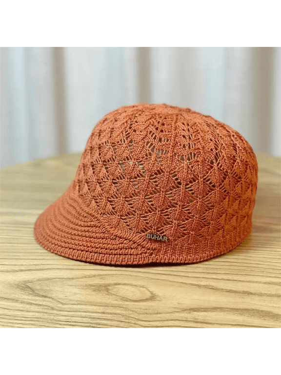 Women Summer Newsboy Cap Breathable Mesh Flat Hat Knitted Hollow Out Beret Ivy Cap Adjustable Cabbie Hat Short Brim Casual Sun Hat Vintage Cap Brick Red,One Size