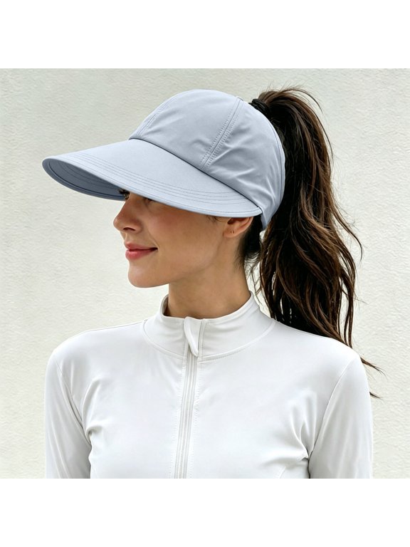 Women's Ponytail Sun Visor Hat with Wide Brim, Open Top Baseball Cap for High Messy Bun, UPF 50+ Quick Dry Breathable Summer Running Cap for Golf Beach Light Ashy,A