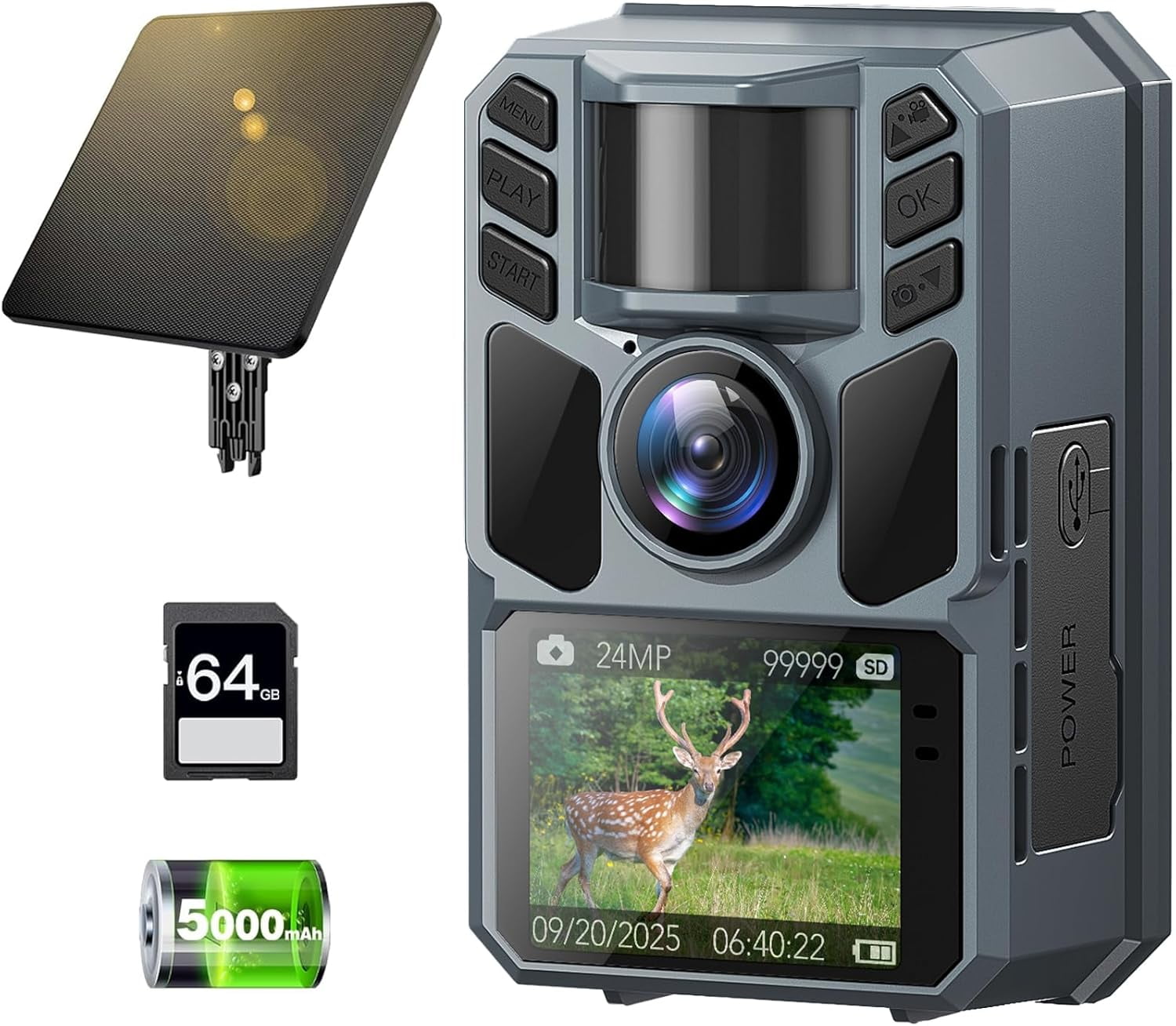 FKPCAM 4K 64MP Game Camera with 1.6W Solar Panel & Built-in Display - Hunting Camera with Night Vision, Waterproof Wildlife Trail Camera