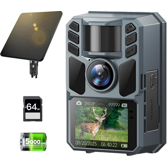 FKPCAM 4K 64MP Game Camera with 1.6W Solar Panel & Built-in Display - Hunting Camera with Night Vision, Waterproof Wildlife Trail Camera