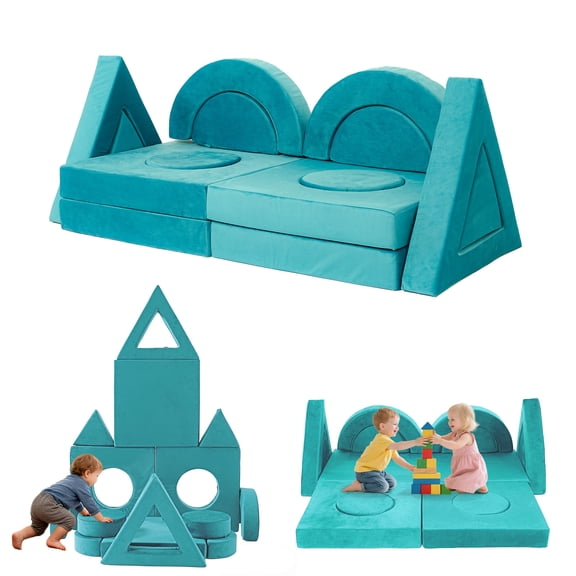 FKS LIFE 14Pcs Modular Kids Play Couch Toddler Foam Sofa for Fort Building, Climbing & Indoor Play, Convertible Sectional Furniture for Playroom