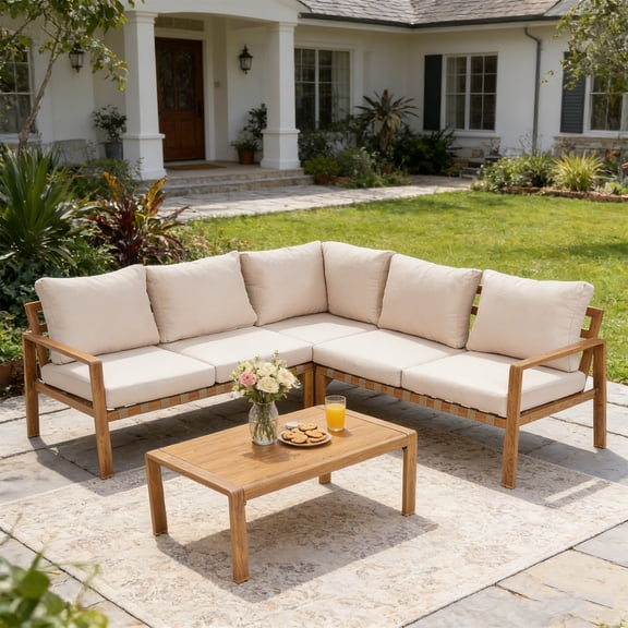 FKS LIFE 4 Piece Aluminum Outdoor Conversation Set, L Shaped Patio Sectional Sofa with Coffee Table, Outdoor Furniture for Garden Backyard