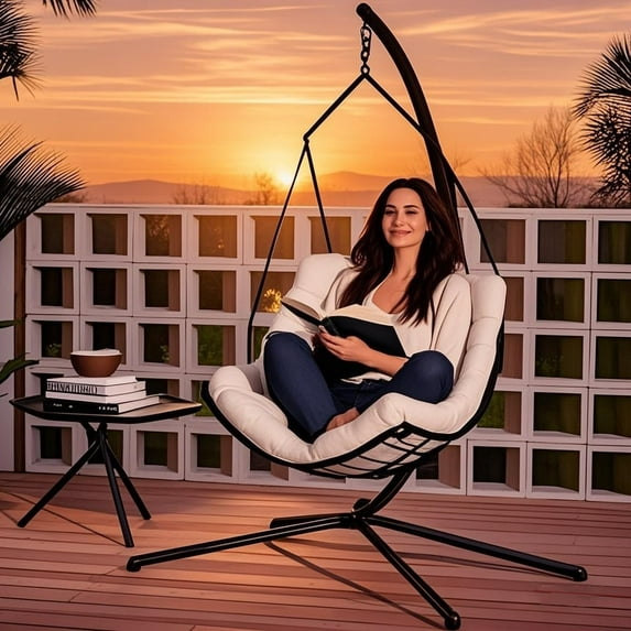 FKS LIFE Hanging Egg Chair with Steel Stand and Fluffy Cushion, Lounge Wicker Iron Swing Chairs for Indoor Outdoor Patio Garden