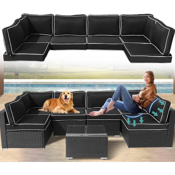 FKS LIFE Outdoor Cushions for Patio Furniture, 14pcs Water-Resistant Replacement Cushions Fits 6-seat Sectional Rattan Sofa Outdoor Patio Sofa Cushion (Black+White Edges)