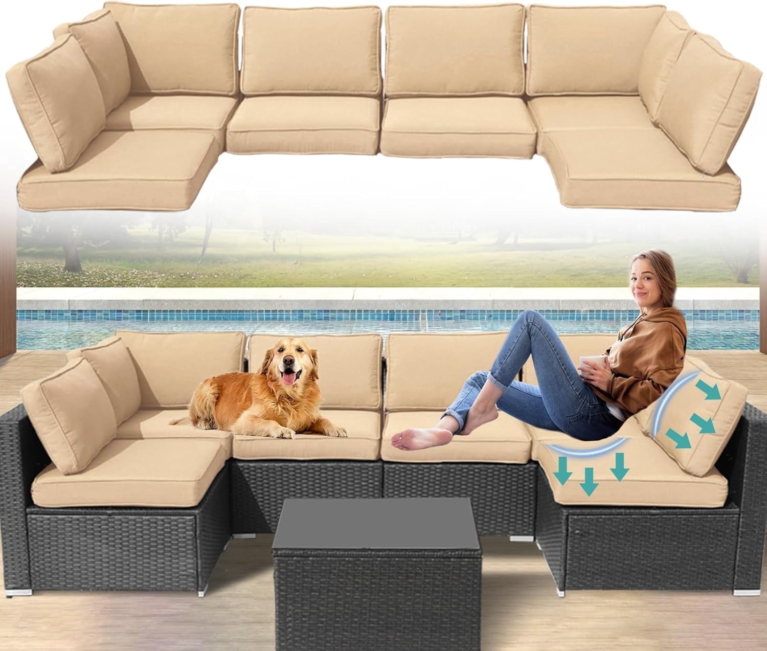 FKS LIFE Outdoor Replacement Cushions for Patio Furniture, Water-Resistant Sofa Cushion for 6-Seat Rattan Wicker Sectional Patio Conversation Sets, 14-Piece Cushions Set for Outdoor