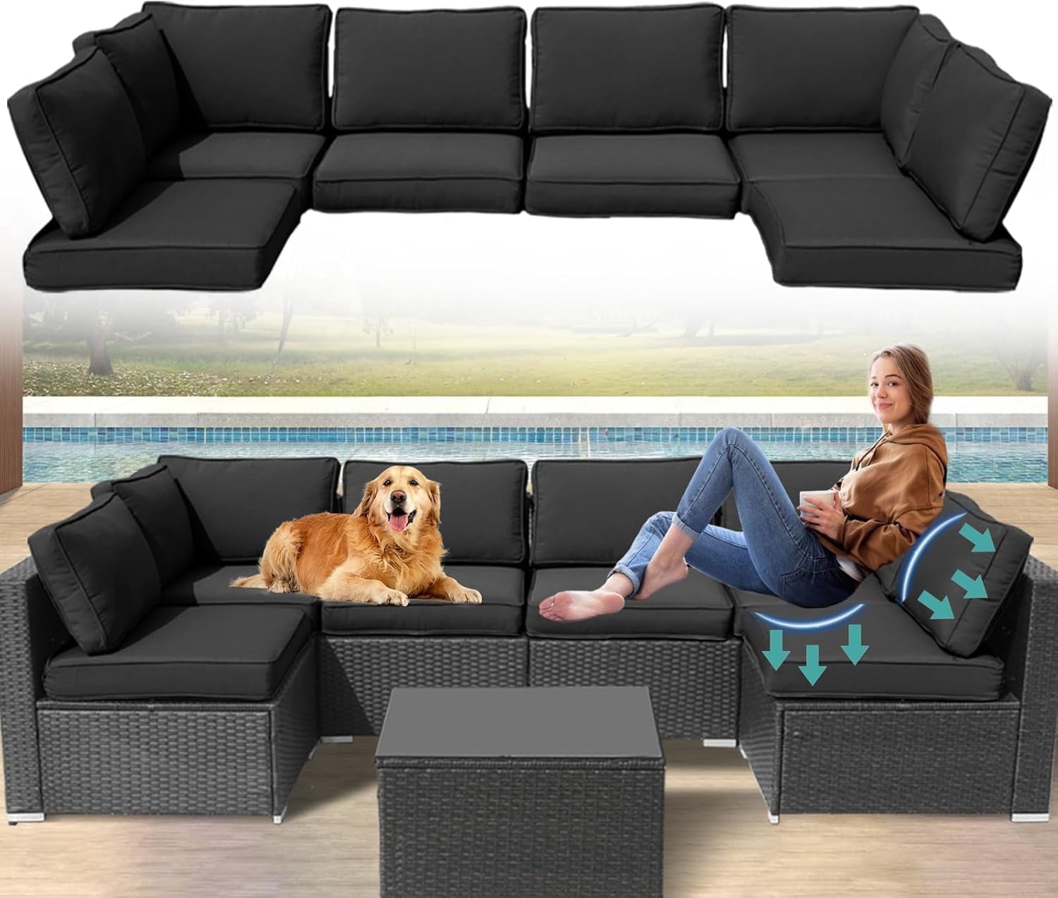 FKS LIFE Outdoor Replacement Cushions for Patio Furniture, Water-Resistant Sofa Cushion for 6-Seat Rattan Wicker Sectional Patio Conversation Sets, 14-Piece Cushions Set for Outdoor