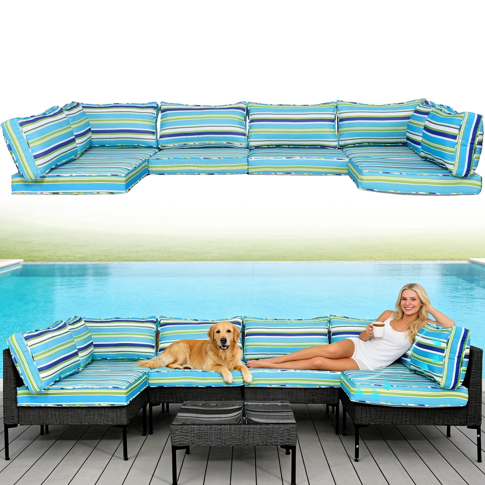 FKS LIFE Outdoor Replacement Cushions, Water-Resistant for 6-Seat Rattan Wicker Sectional Patio Conversation Sets, 14-Piece Set