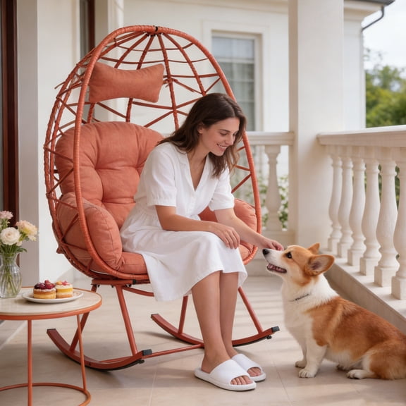 FKS LIFE Oversized Woven Rattan Egg Rocking Chair with Cushion for Balcony, Backyard, Garden, Poolside