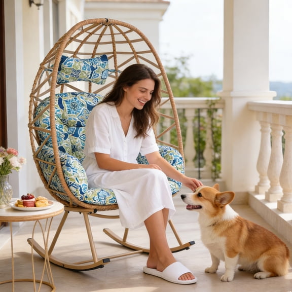 FKS LIFE Oversized Woven Rattan Egg Rocking Chair with Cushion for Balcony, Backyard, Garden, Poolside