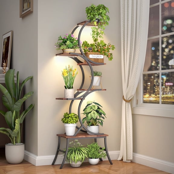 FKS LIFE Plant Stand Indoor with Grow Lights - 63" Tall Plant Shelf, Lighted Corner Plant Stands for Indoor Growing, 6 Tiered Large Flower Holder, C-Shaped Decorative Rack for Living Room