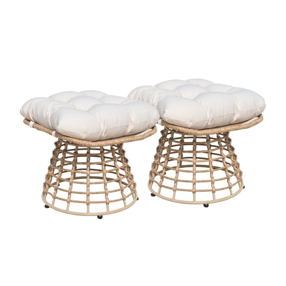 FKS LIFE Set of 2 Swivel Outdoor Patio Ottomans, Water-Resistant PE Rattan Wicker Footstool with Removable Padded Cushions for Garden Poolside(White)