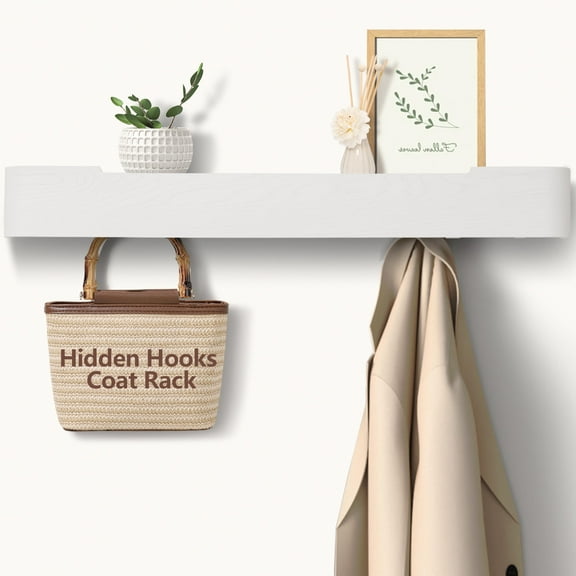 FKS LIFE Wall Mounted Coat Rack with Shelf Modern Coat Rack Wall Mount with Storage Entryway Shelf with 8 Hidden Metal Hooks for Living Room Bathroom Kitchen Bedroom