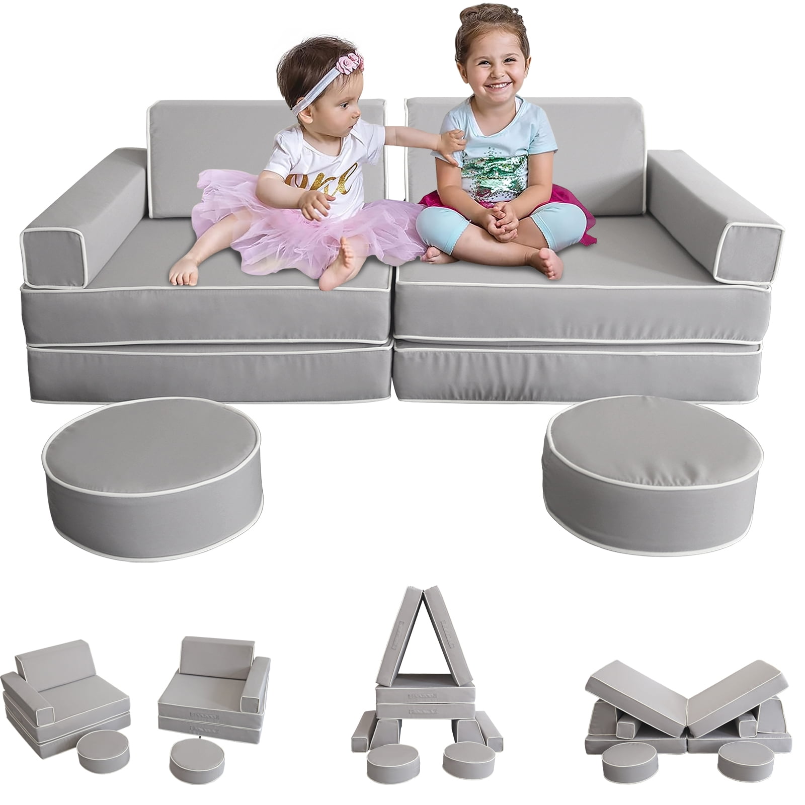 14pcs Kids Couch, Linor Toddler Sofa Modular Kids Couch for Playroom Furniture, Large Size Multifunctional Toddler Couch for Playing, Convertible Foam