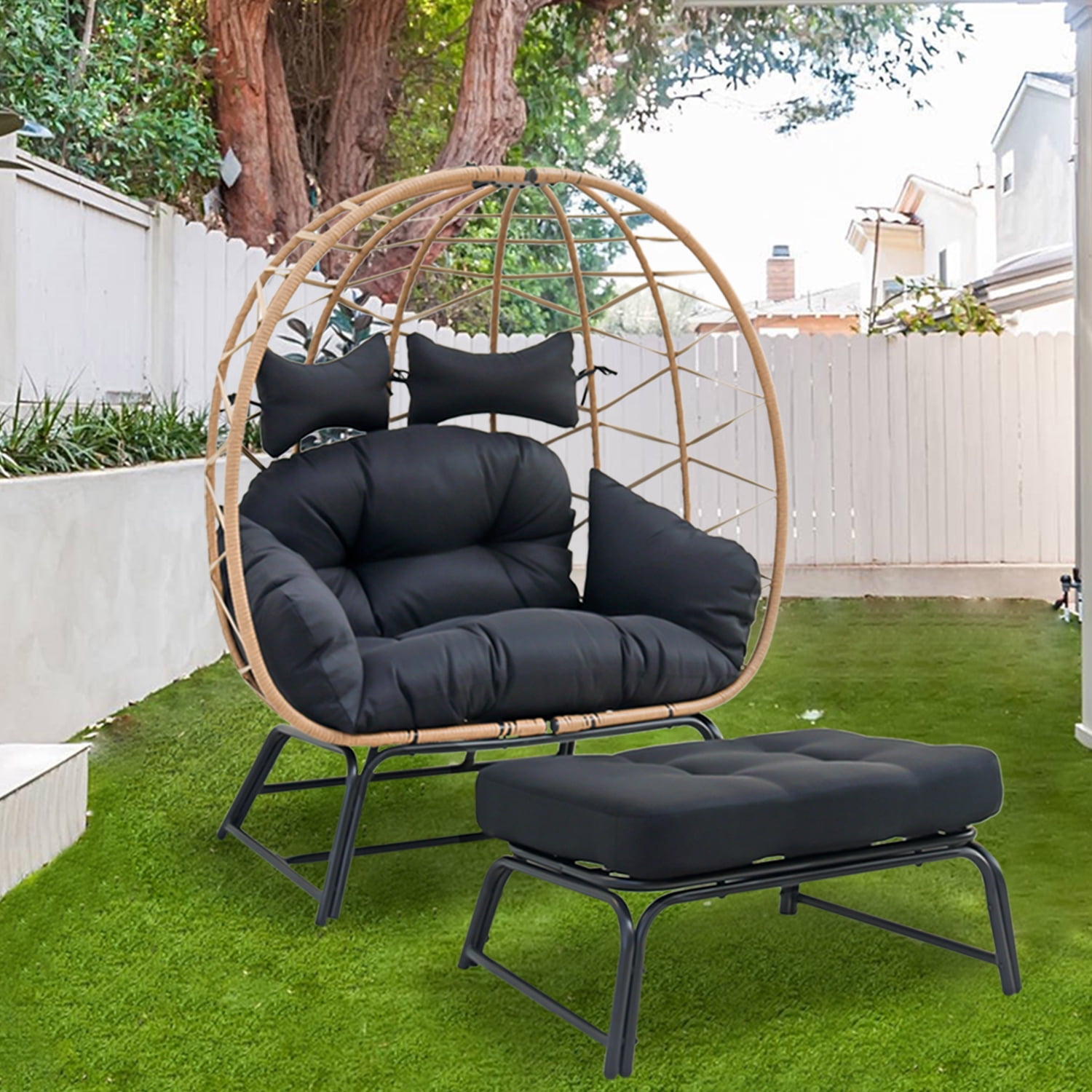 FKS LIFE 2 Person Egg Chair With Ottoman Cushion Large Egg Basket Chair With Footrest For Outdoor Indoor Patio Balcony Garden