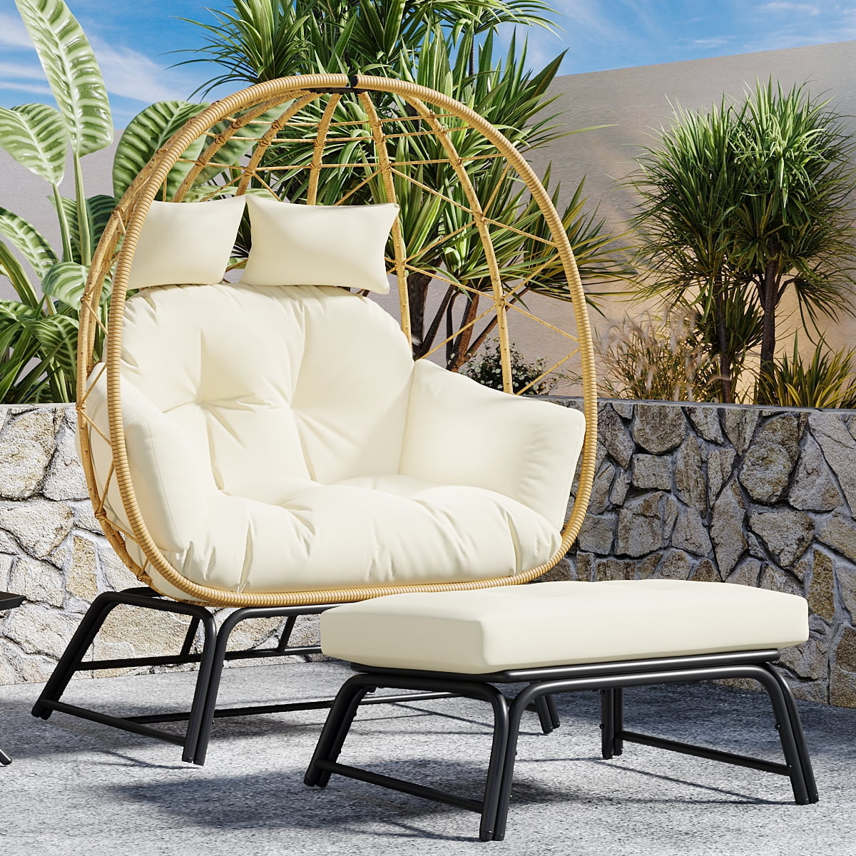 FKSLIFE 2Person Wicker Egg Chair, Rattan Stationary-footrest FKSLIFE 2Person Wicker Egg Chair, Rattan Stationary-footrest