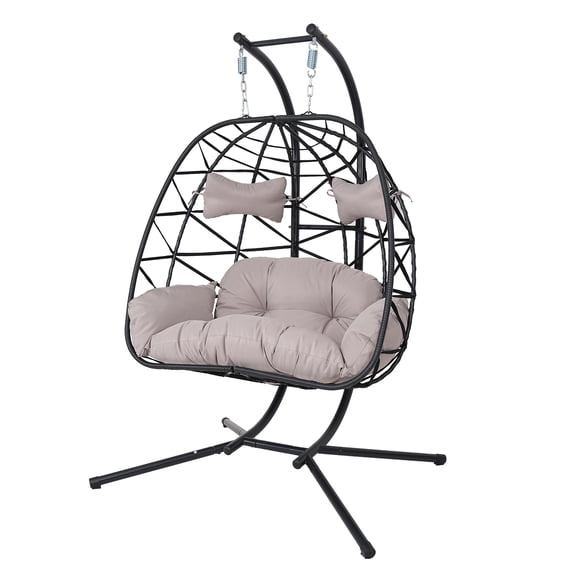 FKS LIFE Double Egg Chair with Stand Hammock Chair Cushion Outdoor Patio Wicker Loveseat Hanging Egg Chairs for 2 Persons